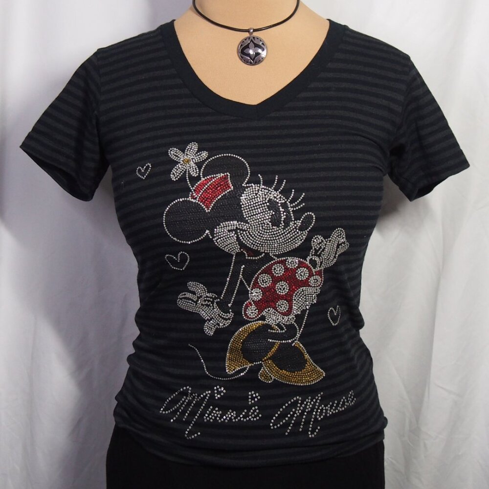 Disney Store Black/Gray Striped Glitter Graphic Minnie Mouse V-Neck Top Size XS